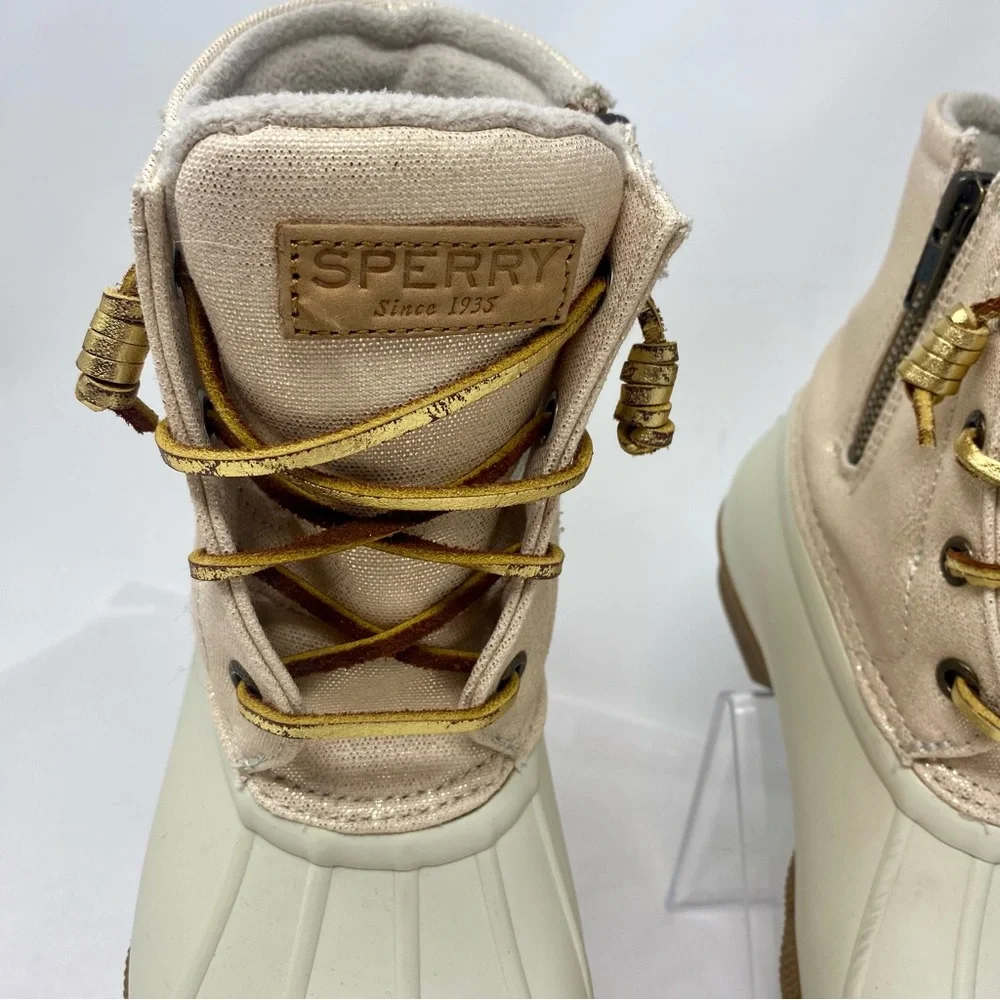 Sperry Saltwater Ivory Gold Waterproof Fleece Duck Boots Sz 6